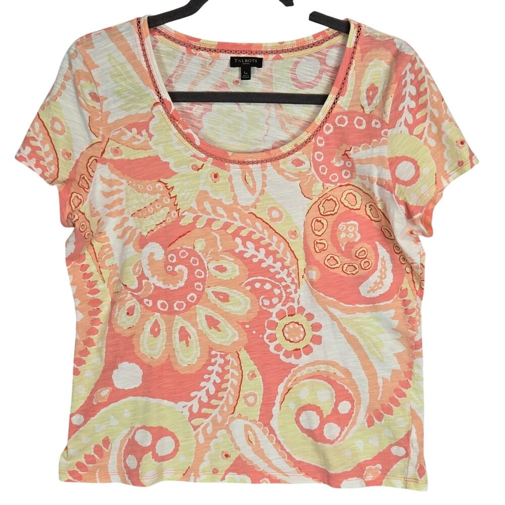 Talbots Peach Pink Paisley Top Floral Lightweight Cotton Tee Summer Pastel Beach